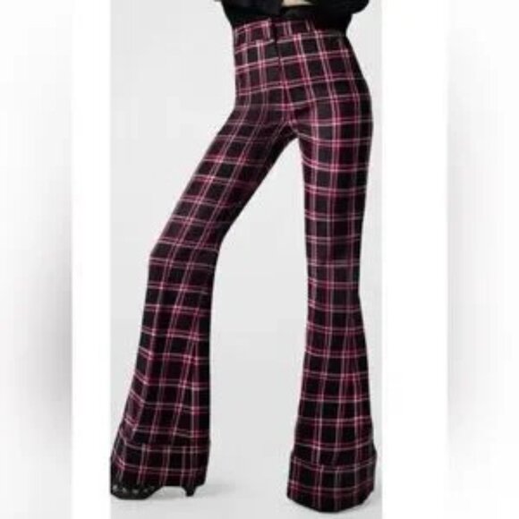 $695 SMYTHE High-Waisted Wool Plaid Cuffed PINK AND Black pants Trousers NWOT - Picture 2 of 8